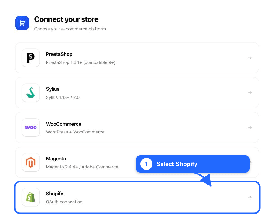 Selezione della piattaforma Fullmetrix con Shopify evidenziato