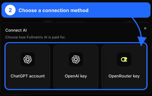 Choix ChatGPT account, OpenAI key et OpenRouter key mis en évidence