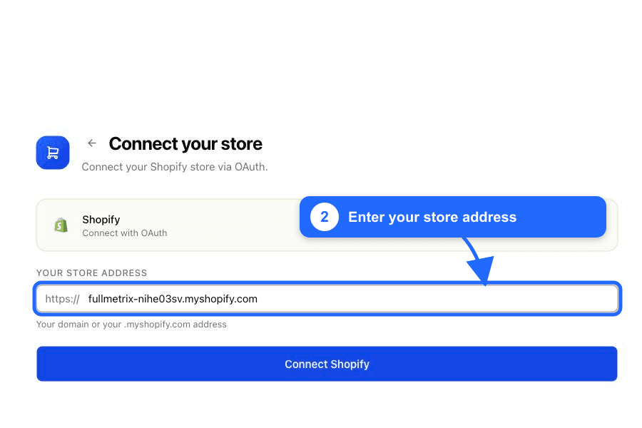 Modulo Shopify di Fullmetrix con l’indirizzo demo evidenziato