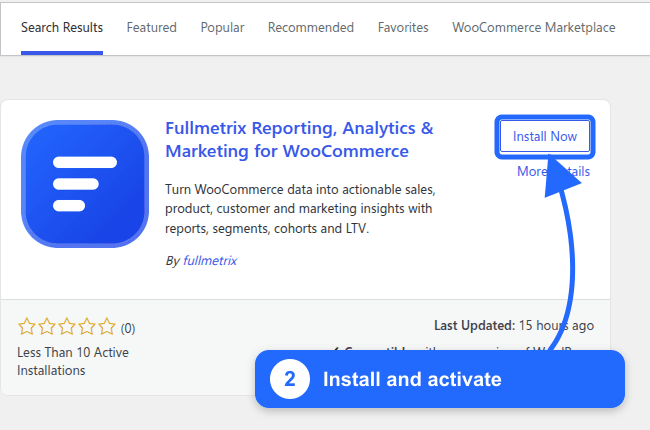 Recherche WordPress montrant l'extension Fullmetrix officielle et le bouton Install Now