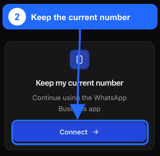 Hervorgehobene Option Keep my current number im WhatsApp-Verbindungsdialog