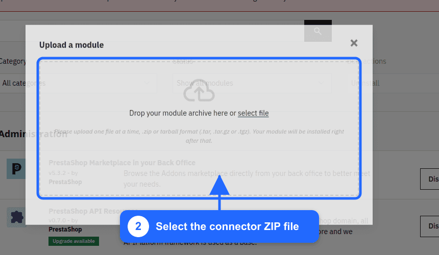PrestaShop upload dialog with the connector ZIP selection area highlighted