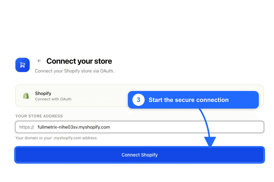 Pulsante Connect Shopify evidenziato in Fullmetrix
