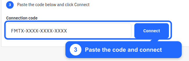 Fullmetrix connection form with a fictional connection code and the Connect button highlighted