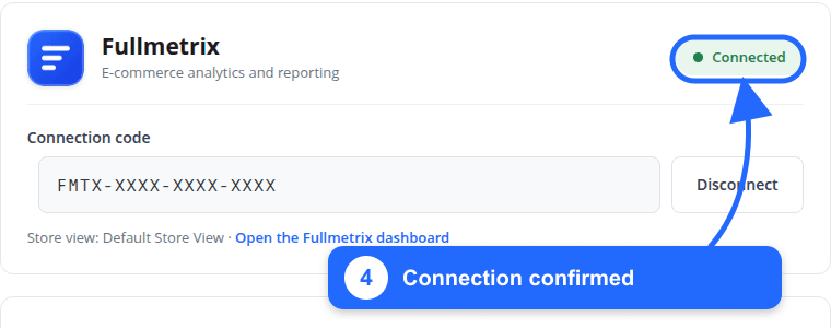 Module Fullmetrix dans Magento affichant l'état Connected
