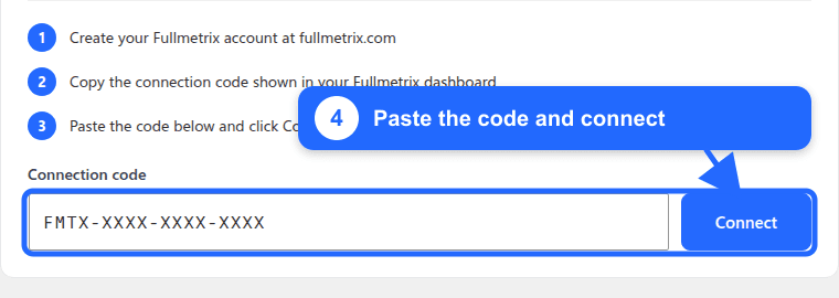 Formulaire Fullmetrix WooCommerce avec un code fictif et le bouton Connect mis en évidence