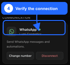 Hervorgehobener verbundener WhatsApp-Unternehmensname und grüner Status in Fullmetrix