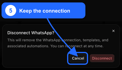 Hervorgehobene Schaltfläche Cancel in der WhatsApp-Trennwarnung
