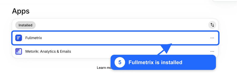 Impostazioni Apps di Shopify con Fullmetrix in Installed