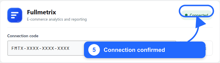Extension Fullmetrix WooCommerce affichant l'état Connected