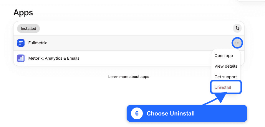 Ajustes de Apps de Shopify con Uninstall resaltado