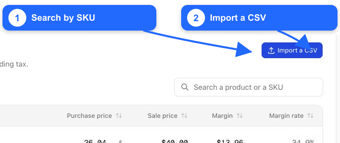 Fullmetrix Product costs search and CSV import controls annotated