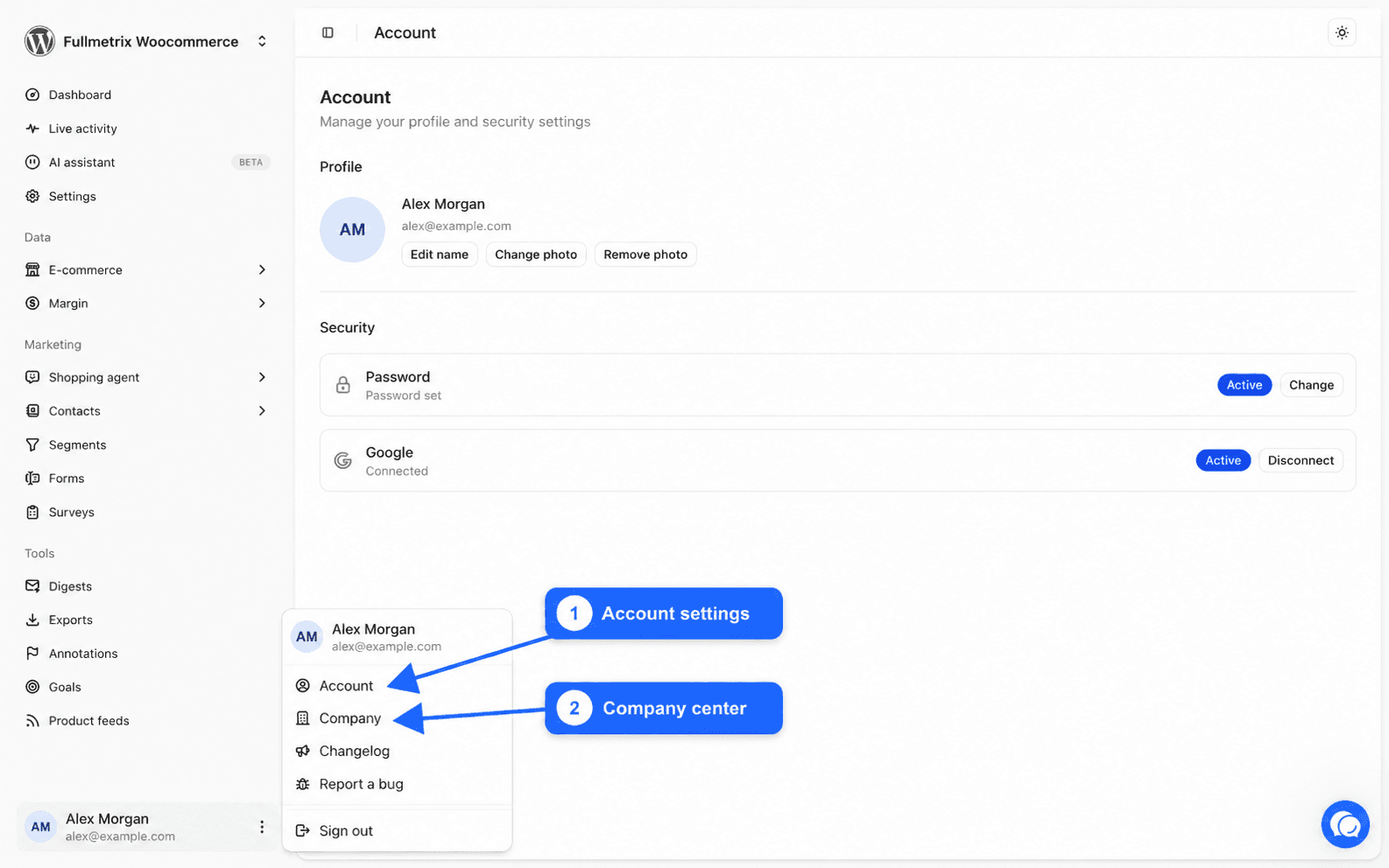 User menu open at the bottom of the sidebar with the Account and Company entries highlighted, above Changelog, Report a bug and Sign out