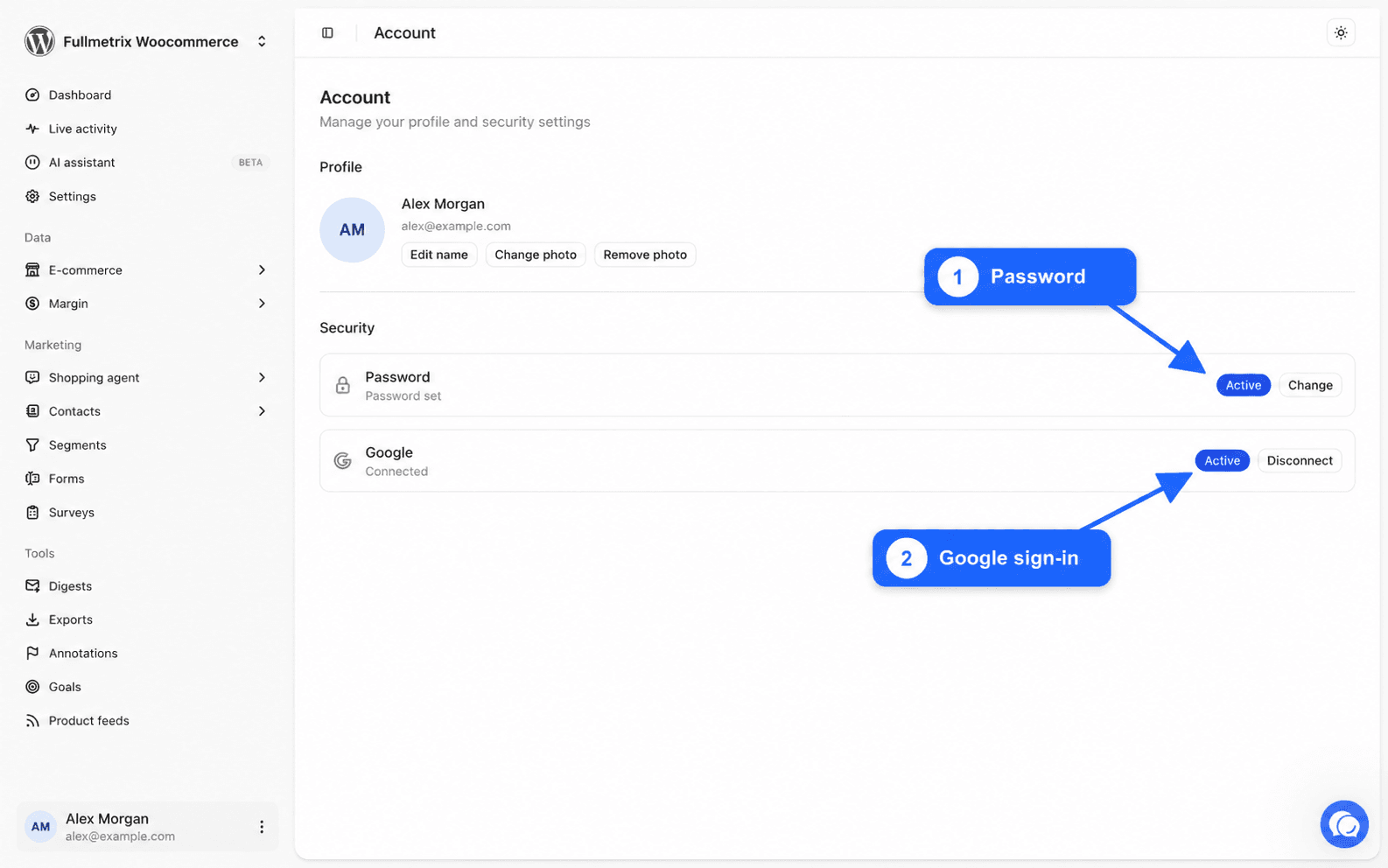 Security part of the Account page with the Password and Google rows, each with its Active or Inactive label and its Change, Set up, Connect or Disconnect button