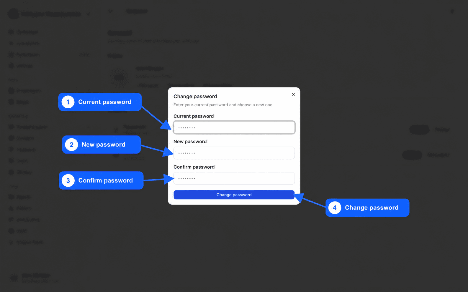 Change password window with the Current password, New password and Confirm password fields, and the Change password button highlighted