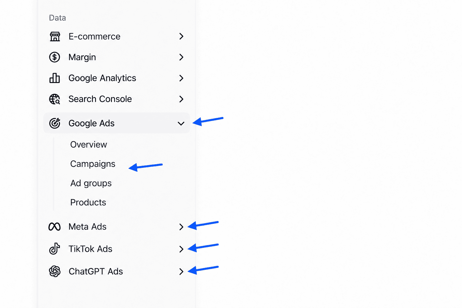 Sidebar with the Data group open and the Google Ads, Meta Ads, TikTok Ads and ChatGPT Ads entries highlighted, the Google Ads entry expanded to its four sub-pages