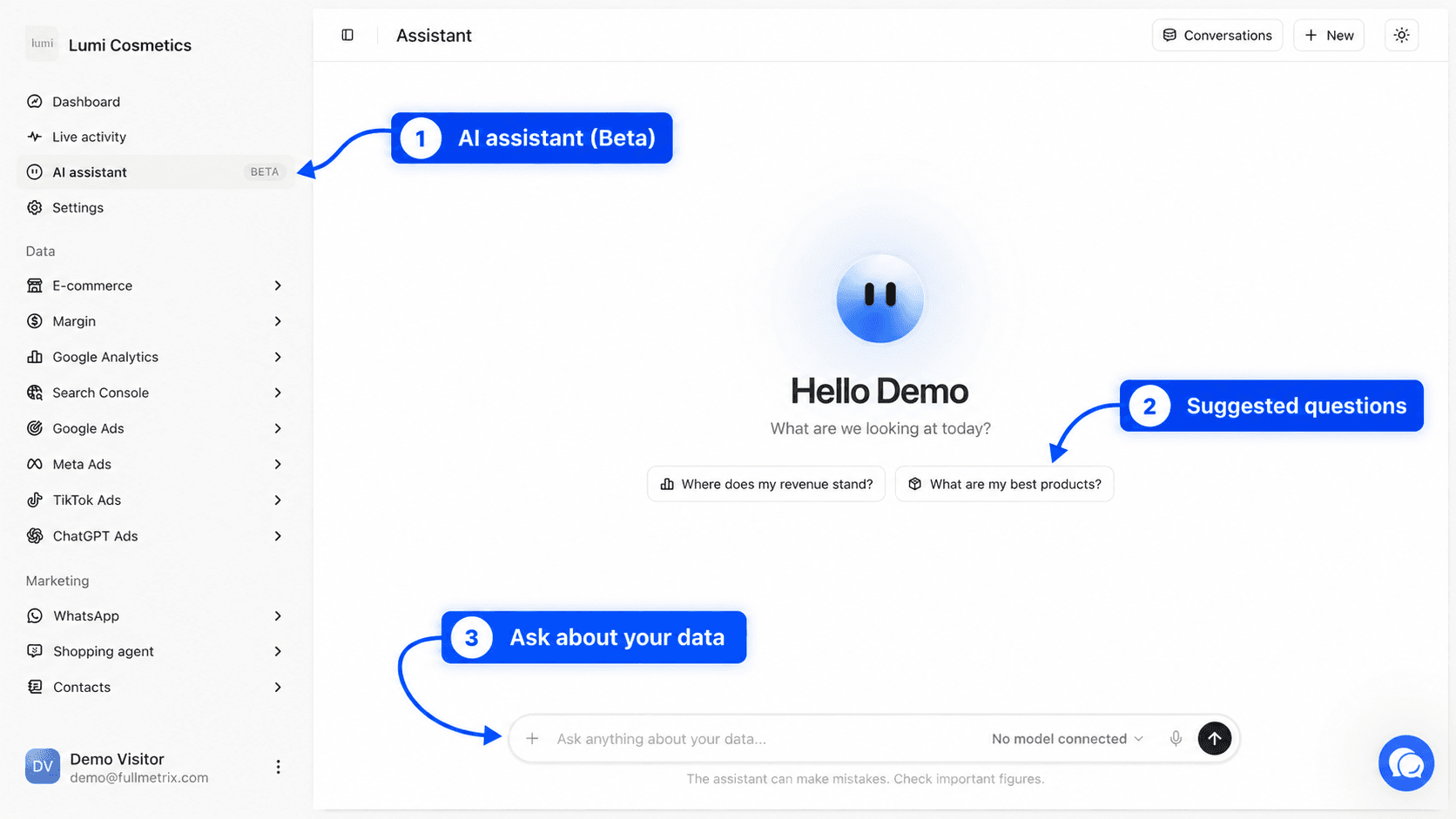 AI assistant home page with the welcome message, the two suggested questions and the message box at the bottom, with the AI assistant entry and its Beta badge highlighted in the sidebar