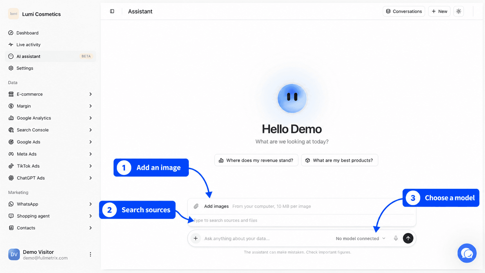Add attachments and sources menu open with Add images, source search and the model picker highlighted