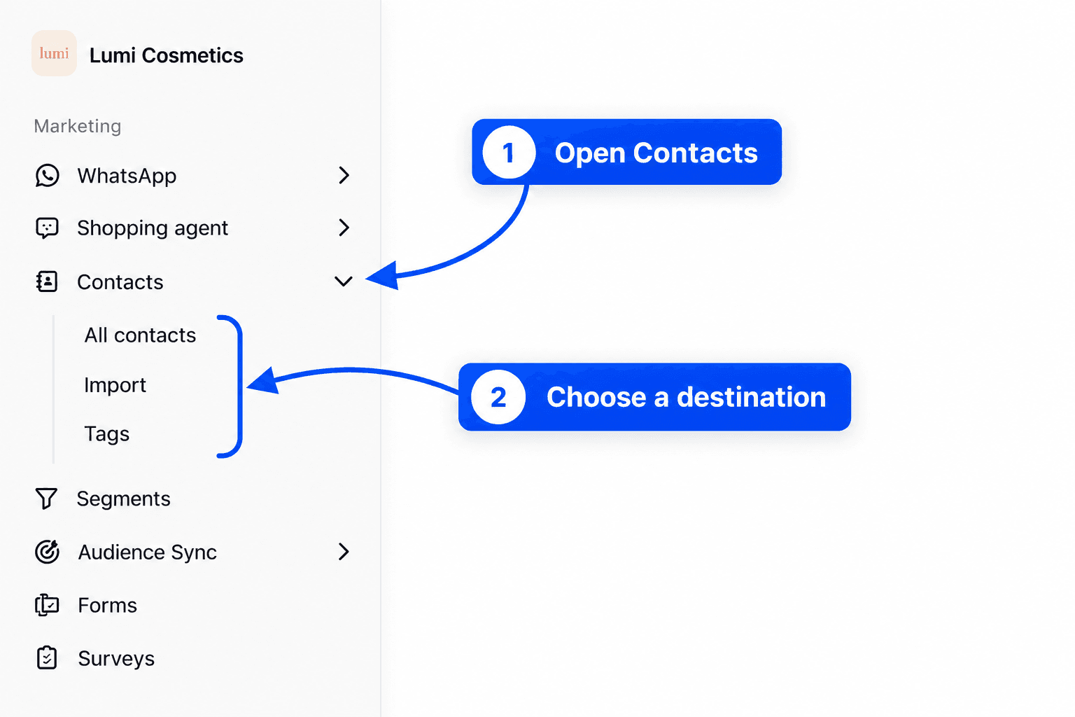 Fullmetrix sidebar with the Marketing group open and the Contacts menu expanded, the All contacts, Import and Tags entries highlighted