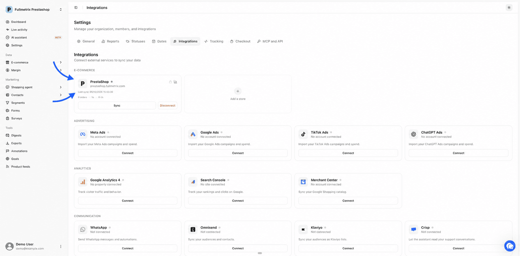 Settings, Integrations tab, card of a connected store with the green dot, the Last sync line and the Sync button highlighted