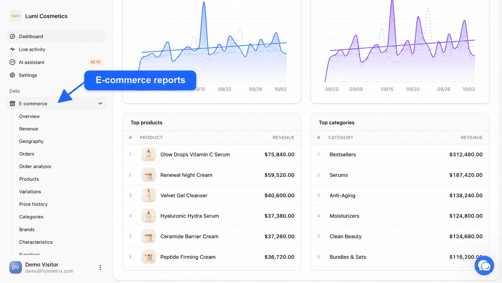 Sidebar with the Data group open and the E-commerce entry expanded, the list of reports highlighted