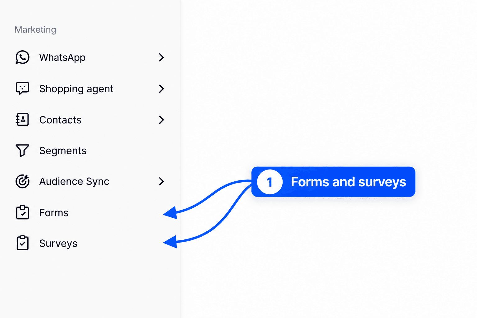 Fullmetrix sidebar with the Marketing group open and the Forms and Surveys entries highlighted