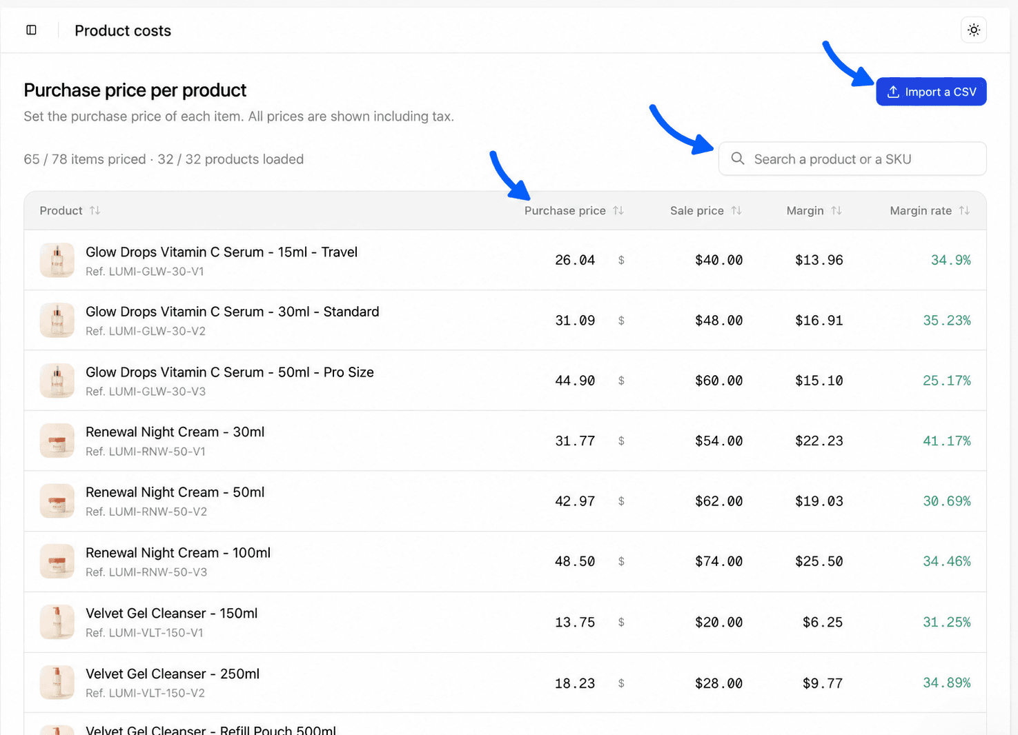 Search field and Import a CSV button on the Product costs page