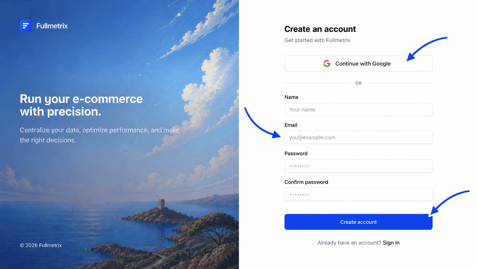 Fullmetrix Create an account page with Google sign-up, the account details form and the Create account button annotated