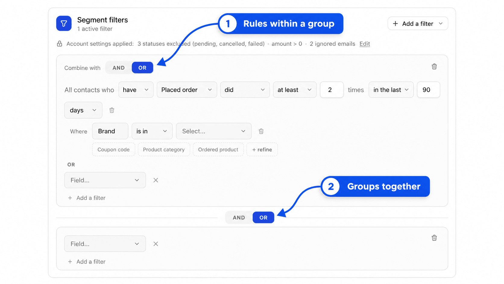 Two rule groups separated by the AND OR switch, the first group with Combine with set to OR. Highlight both switches.