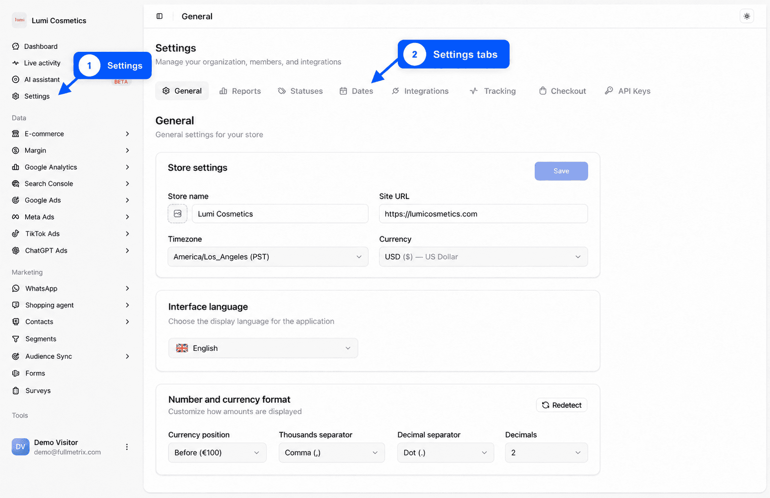 Fullmetrix Settings page open on the General tab, with the Settings sidebar entry and the row of tabs General, Reports, Statuses, Dates, Integrations, Tracking, Checkout and API Keys highlighted