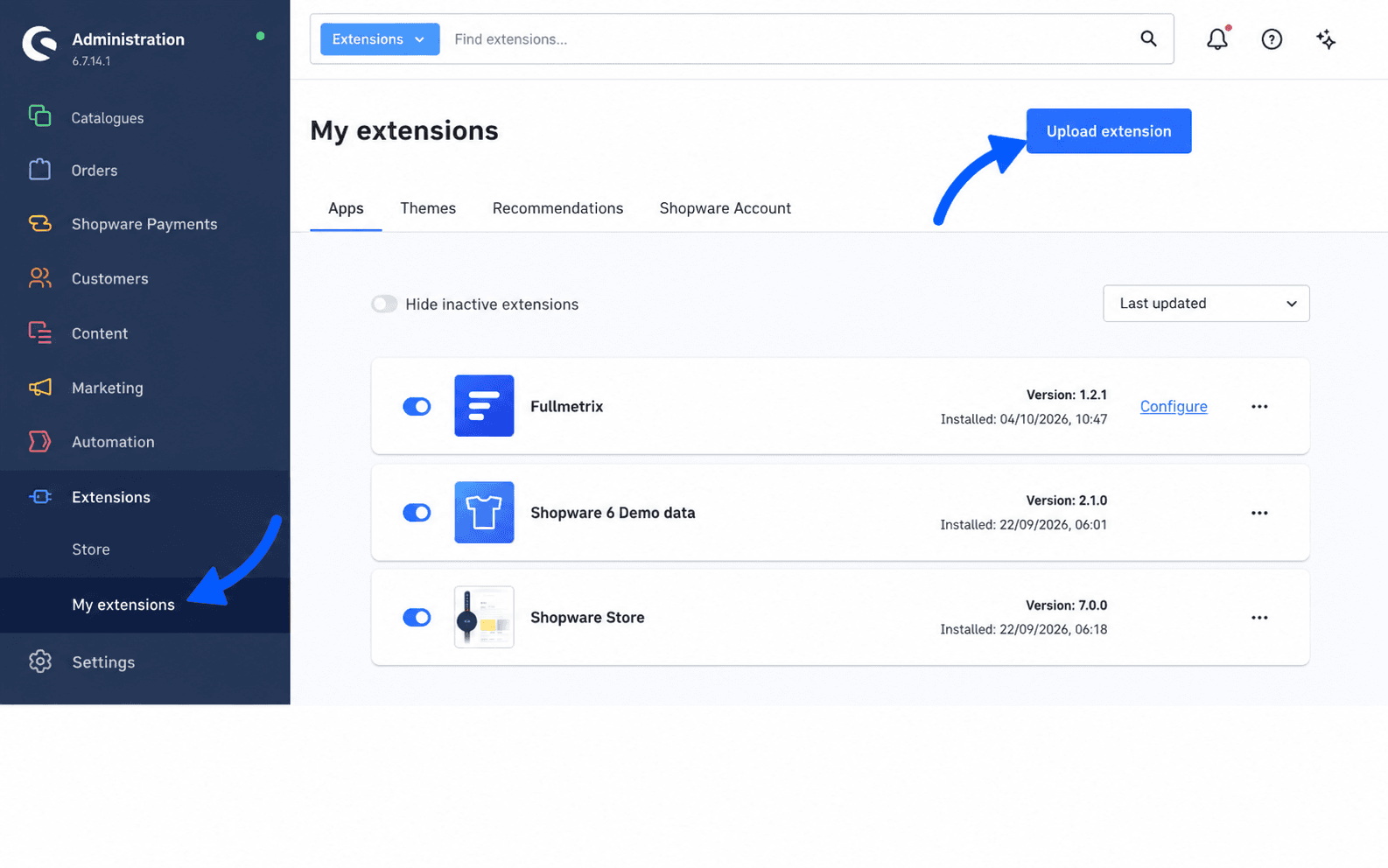 Shopware Administration in English with the expanded sidebar and blue arrows indicating My extensions and Upload extension