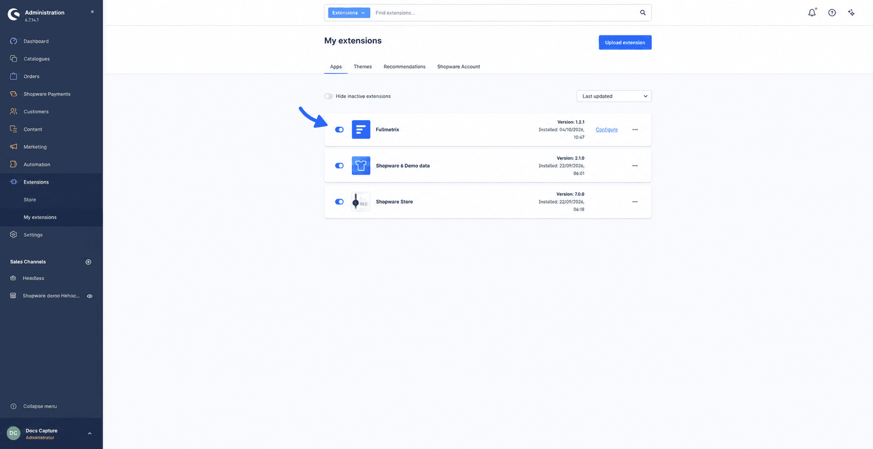 Shopware My extensions page with the installed Fullmetrix app and its active switch indicated by a blue arrow