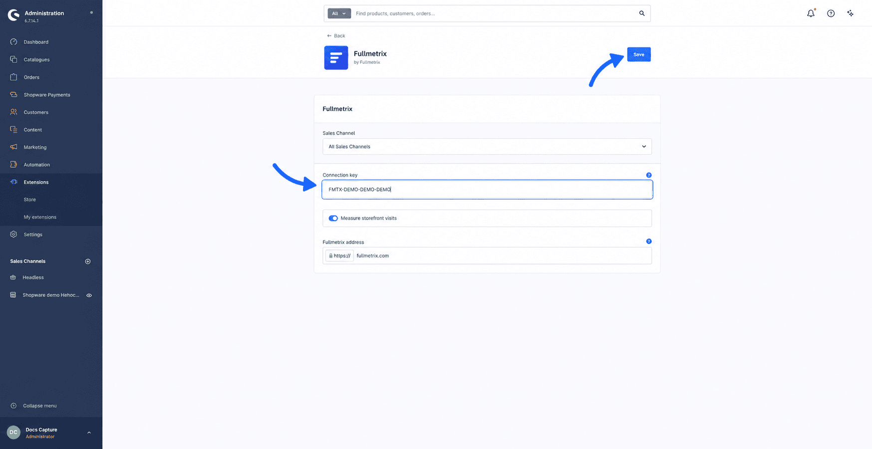 Shopware Fullmetrix app configuration in English and light mode with blue arrows pointing to the fictional connection key field and Save button