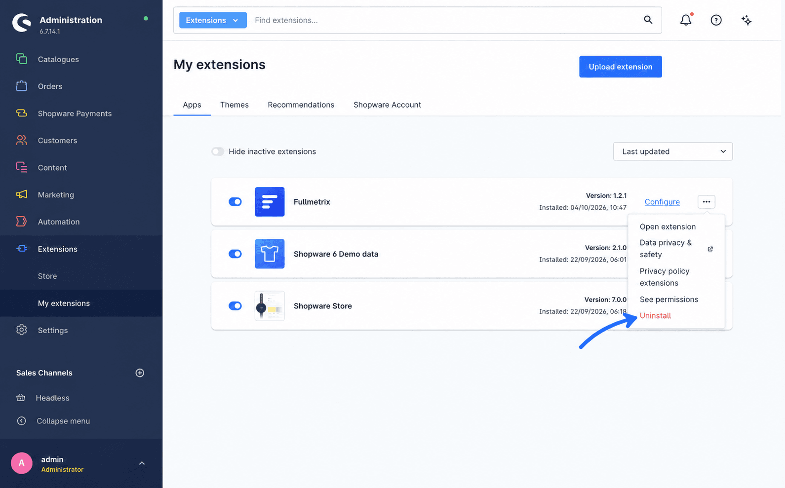 Shopware My extensions page with the expanded sidebar, the Fullmetrix menu open and a blue arrow indicating Uninstall