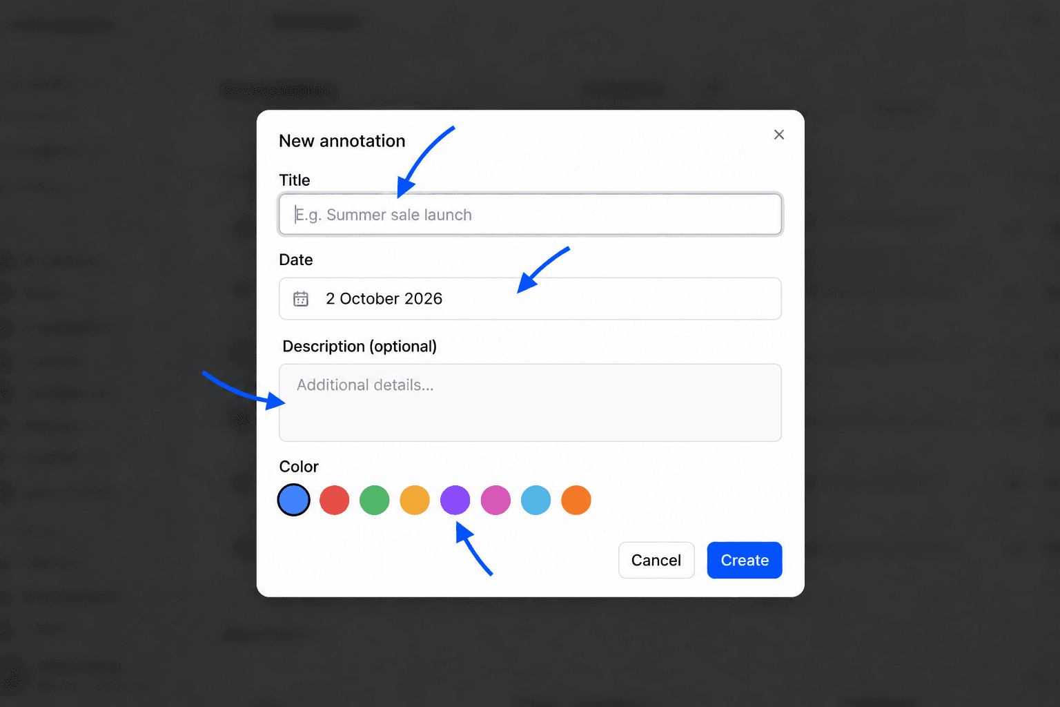 New annotation window with the Title, Date and Description (optional) fields and the eight Color swatches highlighted, and the Create button