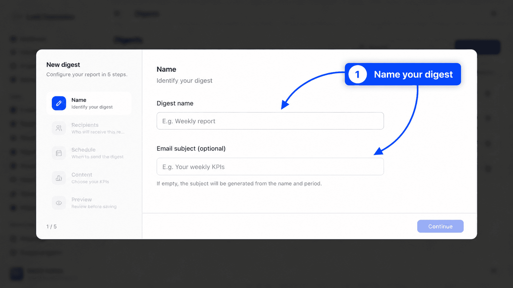 Name step of the New digest wizard, with the Digest name and Email subject (optional) fields highlighted