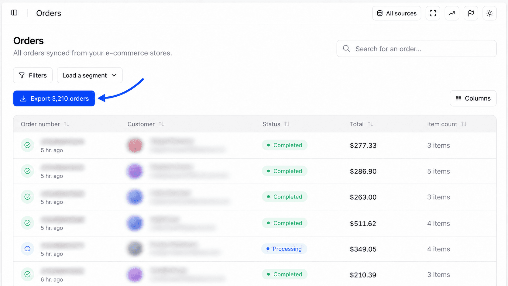 Orders report with the Export 3,210 orders button highlighted above the table