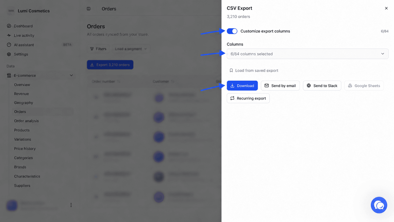CSV Export panel open with the Customize export columns switch turned on, the column selector, and the Download, Send by email, Send to Slack, Google Sheets and Recurring export buttons highlighted