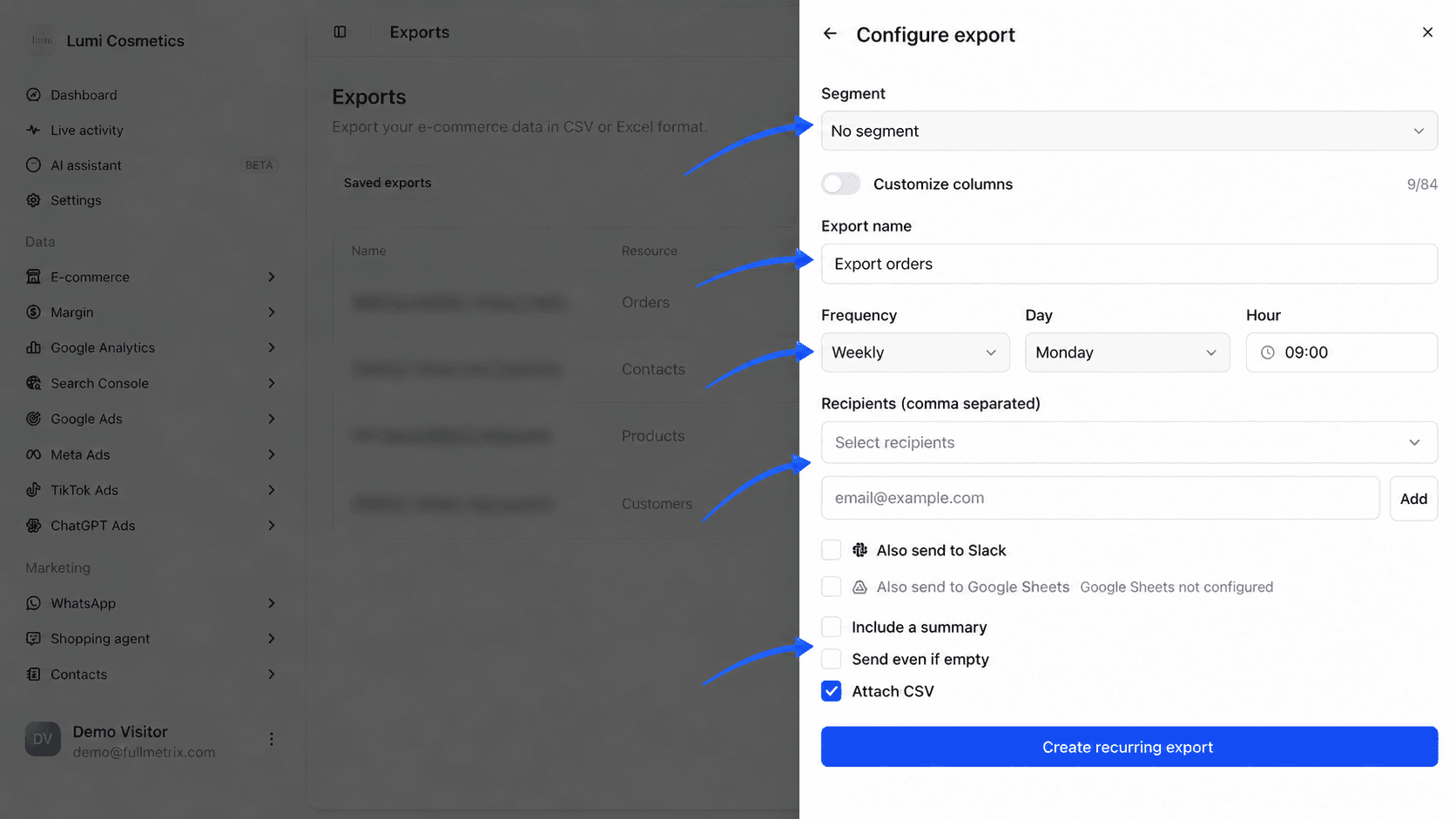 Configure export window with the Segment list, the Export name, Frequency, Day and Hour fields, the recipients and the Include a summary, Send even if empty and Attach CSV boxes highlighted