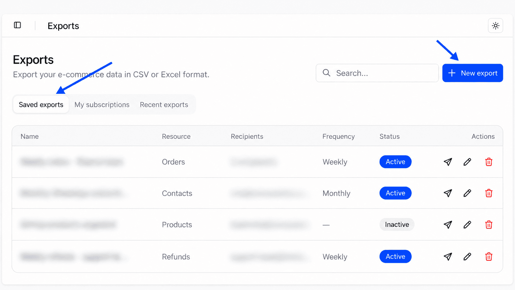 Exports page with the Saved exports, My subscriptions and Recent exports tabs highlighted, and the New export button at the top right