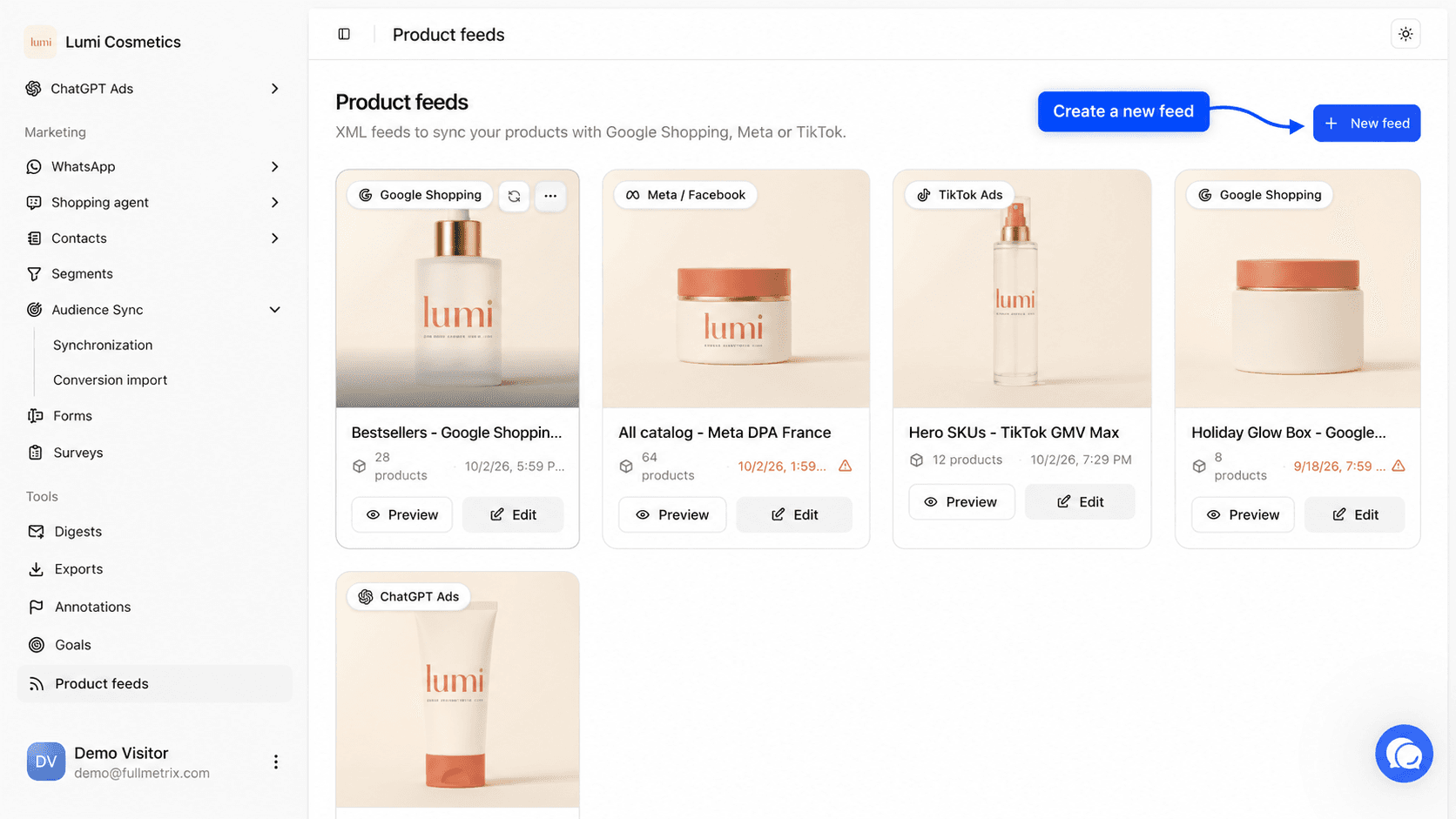 Product feeds page with several feed cards, the New feed button highlighted in the top right