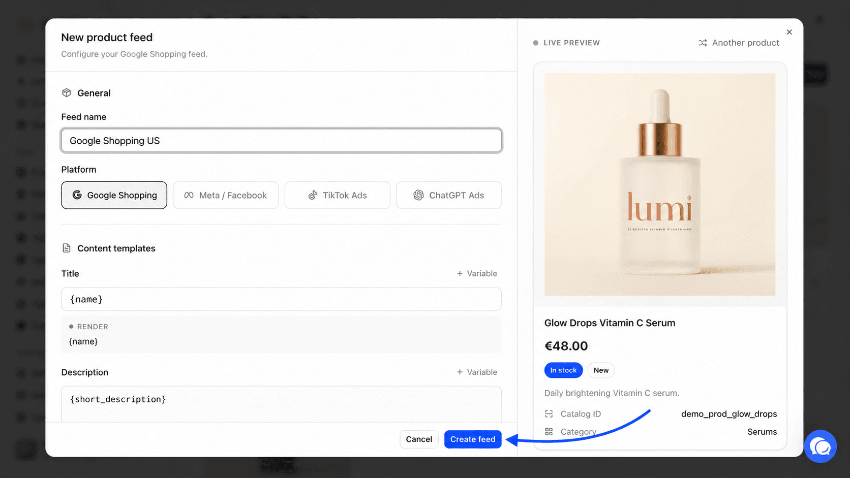 Full New product feed window with the settings sections on the left and the Live preview panel on the right, the Create feed button highlighted at the bottom
