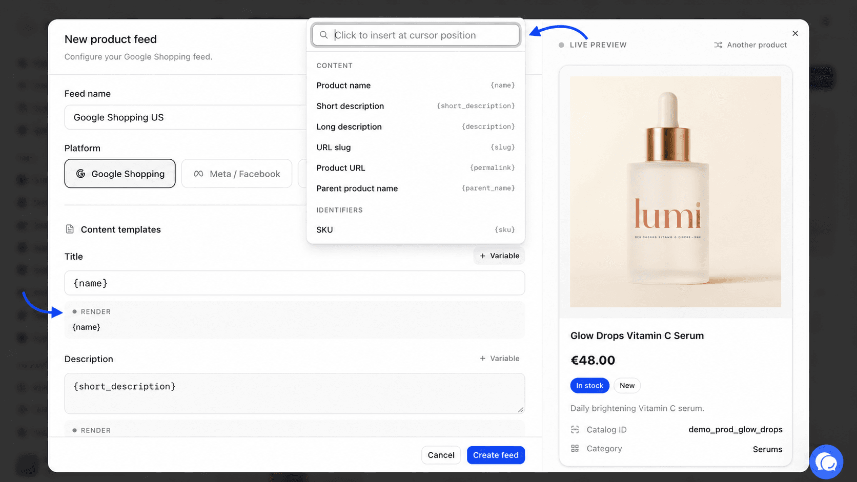 Title field of the Content templates section with the variable list open and the Render line below, highlighted