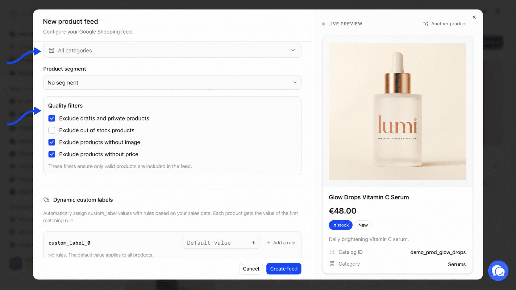 Filtering section with the Product categories and Product segment fields and the Quality filters block highlighted