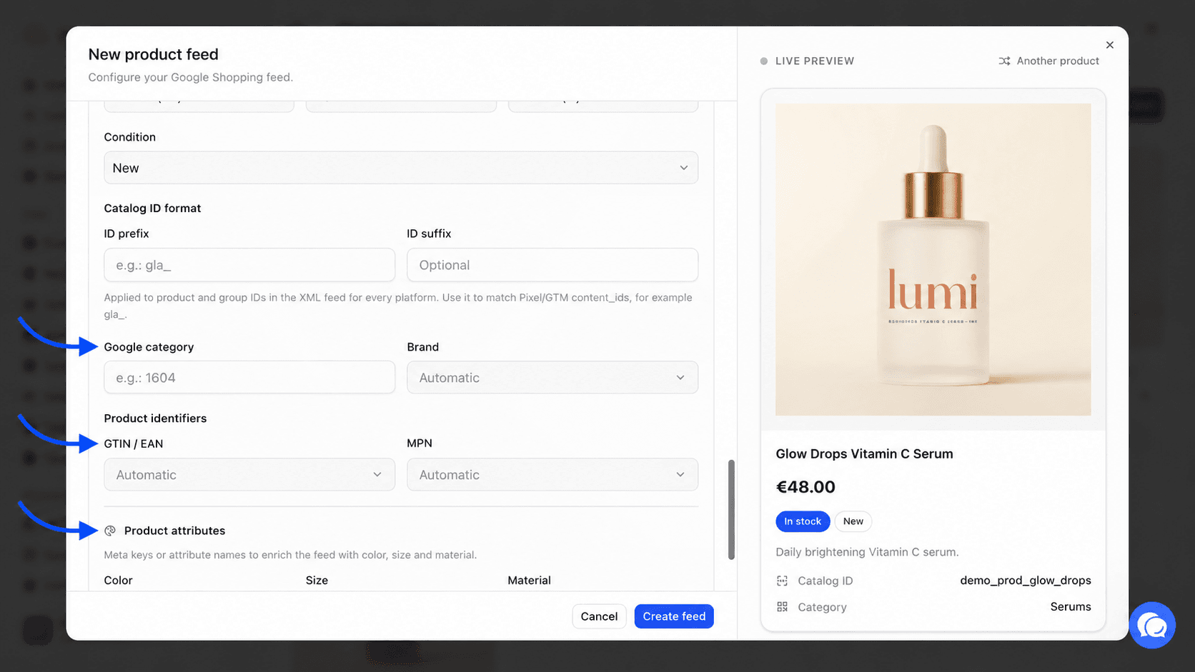 Lower Advanced options section with Google category, Brand, GTIN / EAN, MPN and Product attributes highlighted