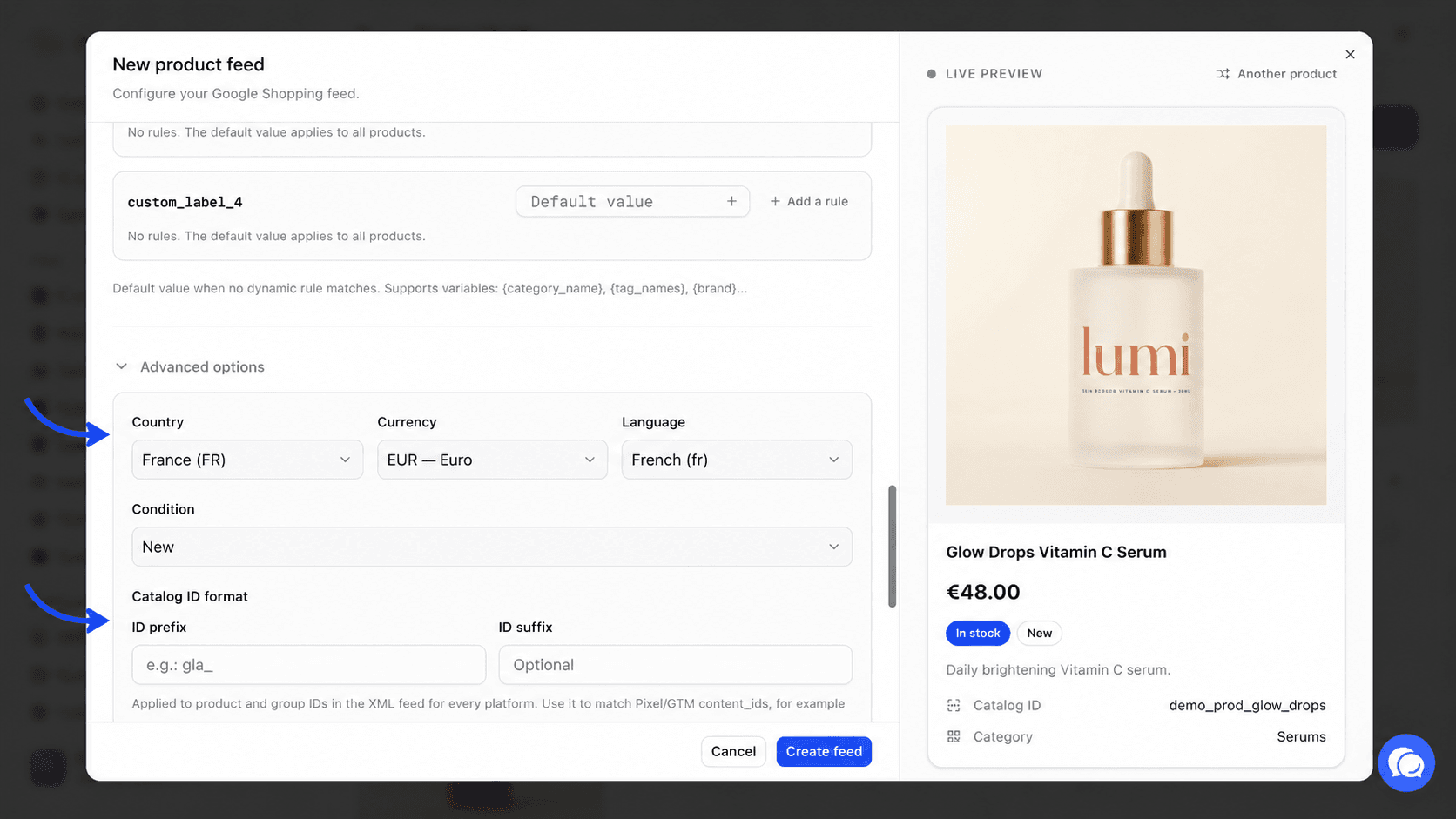 Expanded Advanced options block with the Country, Currency, Language, Condition, Catalog ID format, Brand, GTIN / EAN and MPN fields highlighted