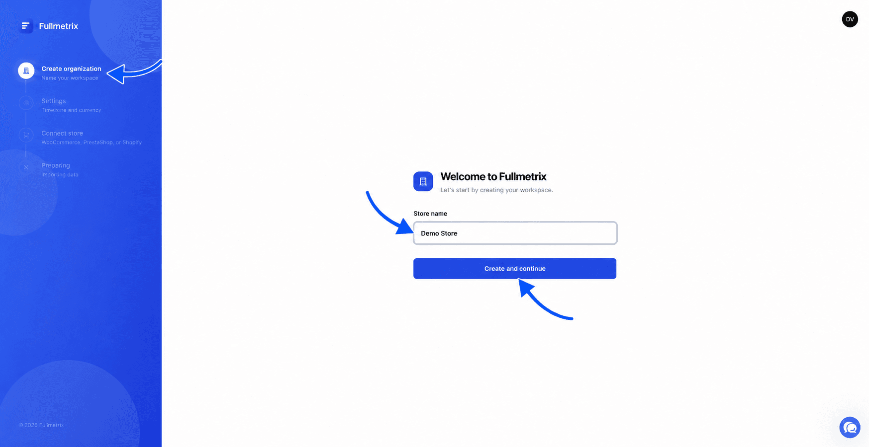 Create organization onboarding step with the onboarding steps, Store name field and Create and continue button annotated