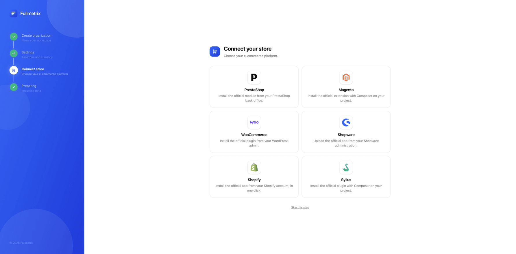 Updated Connect your store step in English and light mode, with six square platform cards including Shopware and a visible active-step icon