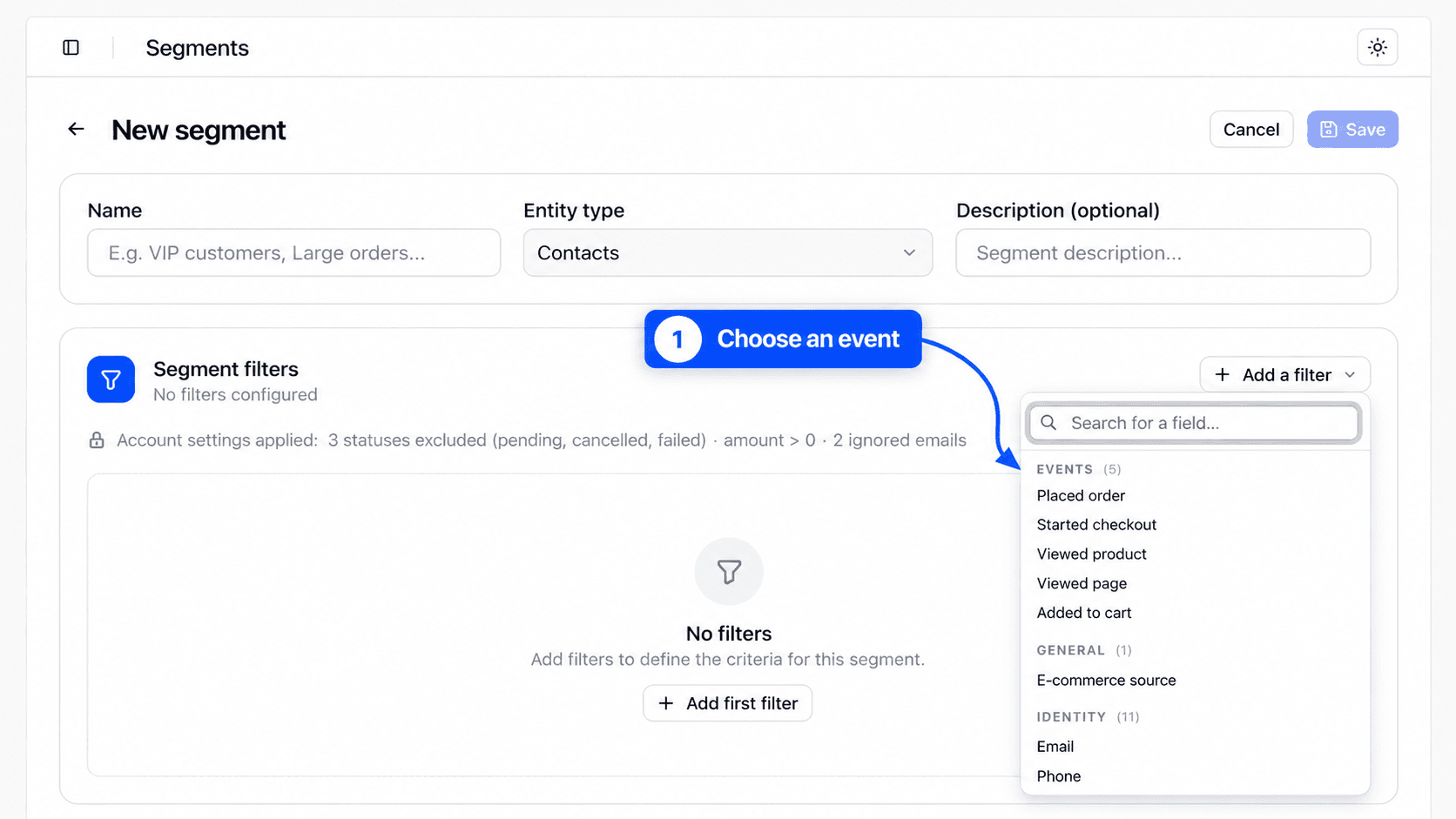 Add a filter menu open on a contact segment, with the search box at the top, the Events heading and then the field headings. Highlight the Events heading.